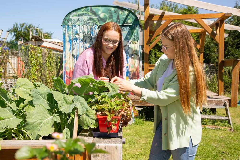 Zwei Frauen kümmern sich um Pflanzen im Garten der Wohngruppe Am Ryck.